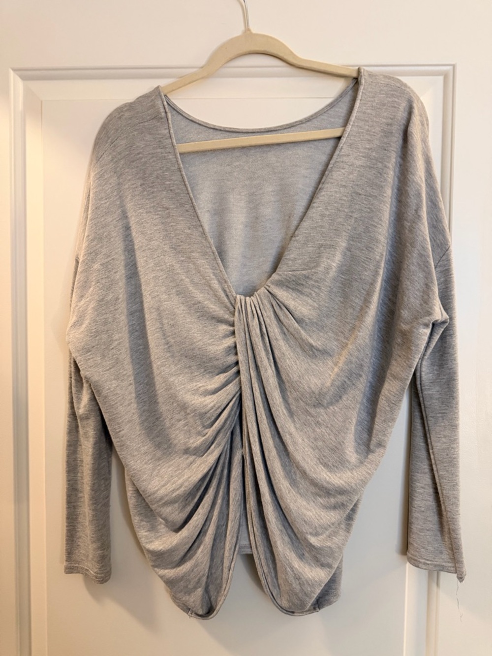 Draped V-Neck Long Sleeve Top - Light Gray